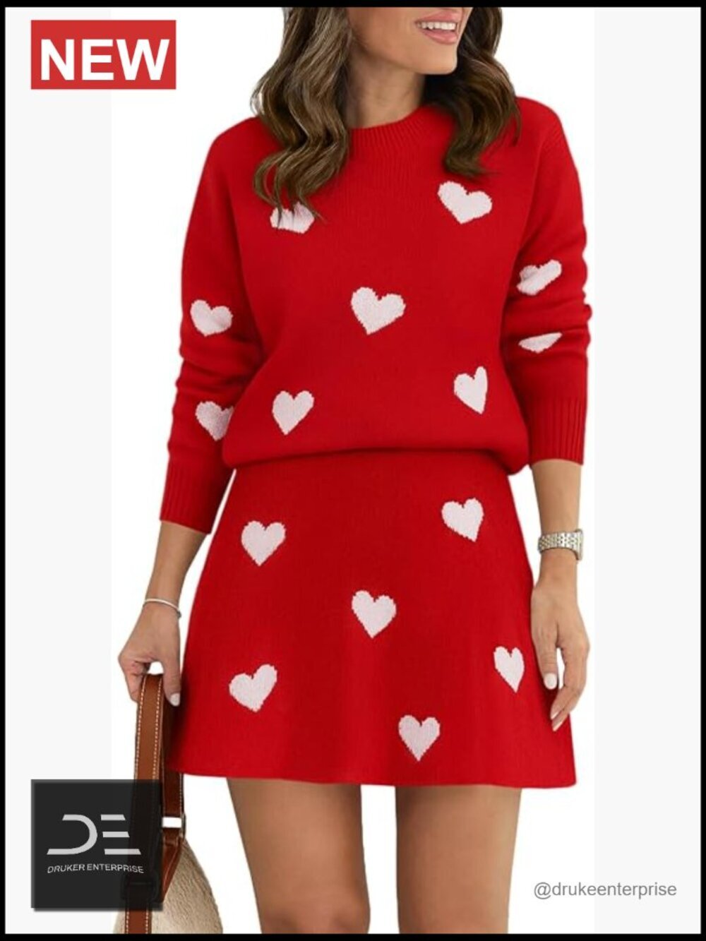 Women's 2 Piece Knitted Skirt Set with Long Sleeve Top and Pleated Mini Skirt